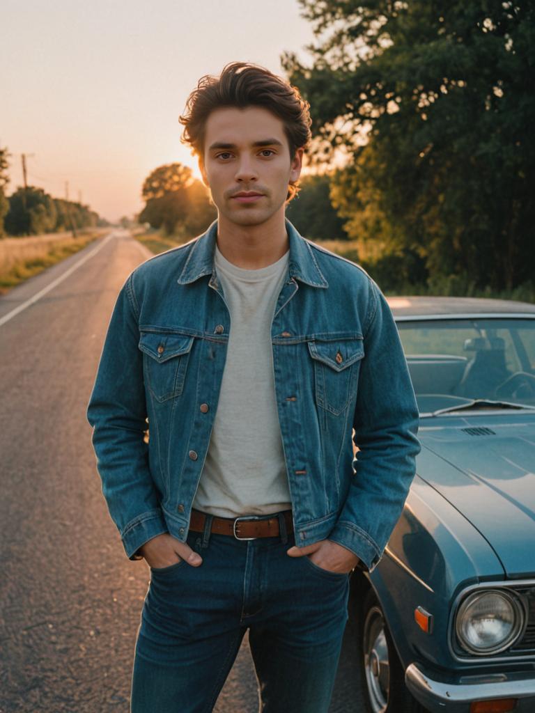 Casual man in denim jacket by car at sunset