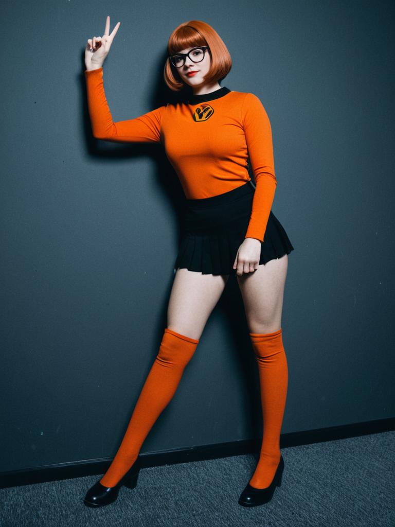 Woman in Velma Costume Full Body Cosplay Photo Cinematic Realism