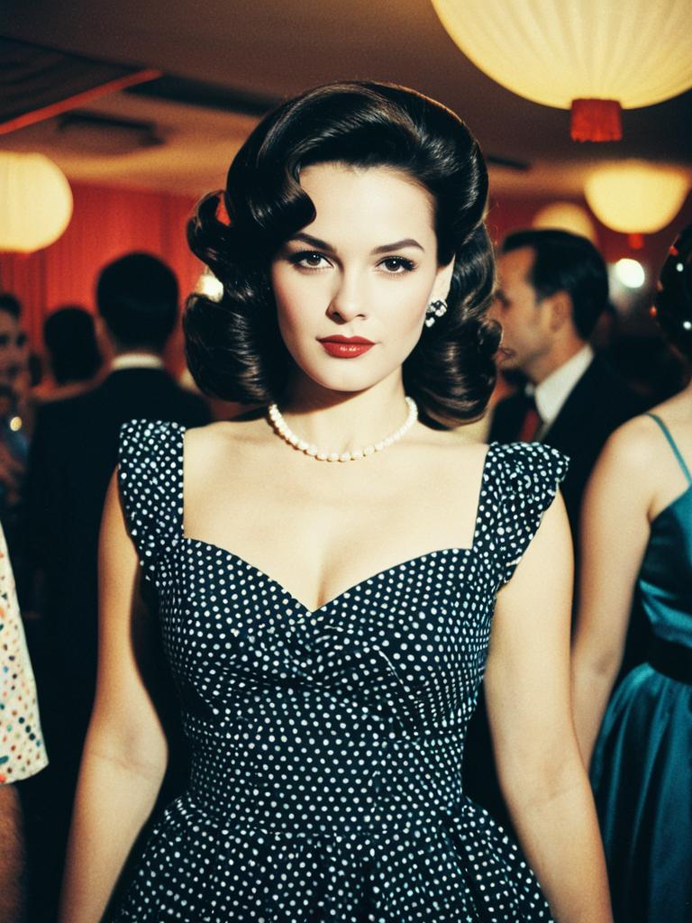 Woman in Retro 1950s Polka Dot Party Dress Waist-Up Portrait