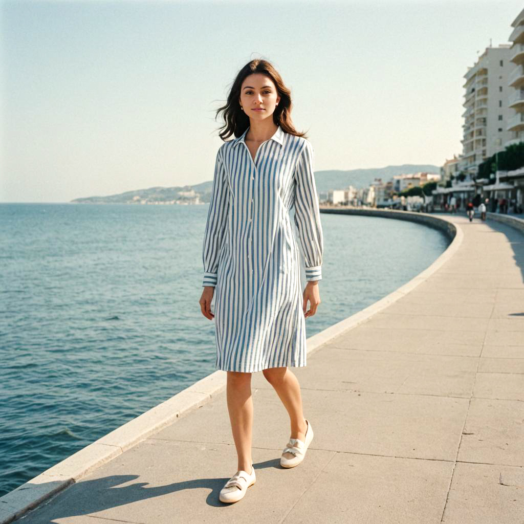 Stylish woman in striped dress by seaside