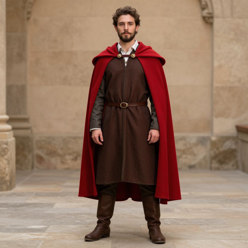 Medieval Man in Red Cloak and Brown Tunic Standing in Stone Courtyard