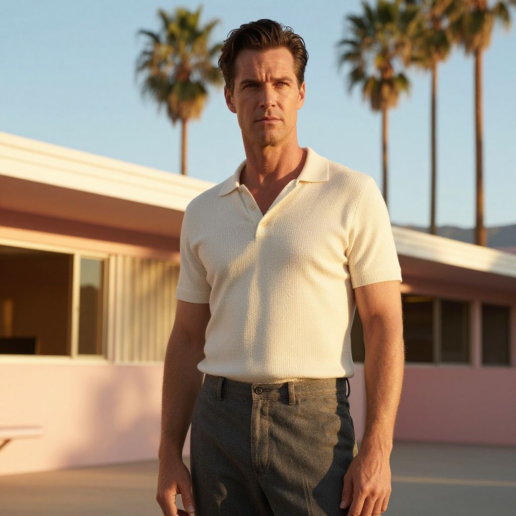Retro Style Man in Polo Shirt Outside Mid-Century Modern Architecture with Palm Trees