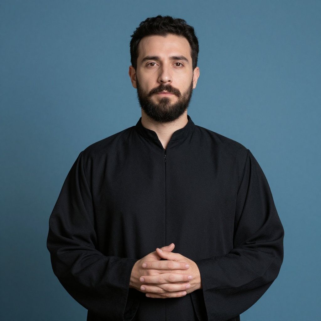 Portrait of Man in Black Traditional Robe Against Blue Background