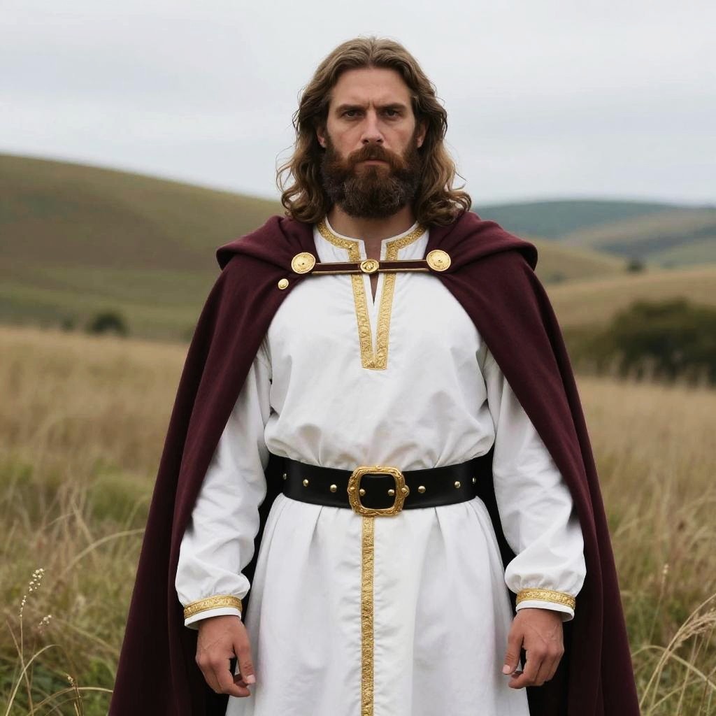 Man in Medieval Costume with Red Cloak and Gold Trim in Natural Landscape