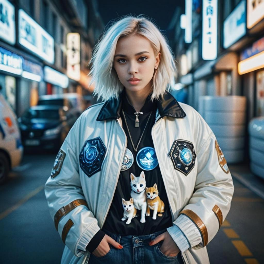 Young Woman in Cosmic Streetwear Under Neon Lights