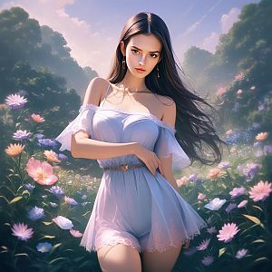Young Woman in Blue Dress in Flower Field