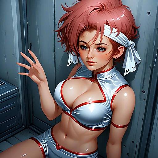 Anime-Style Woman in Metallic Silver Outfit with Red Hair and Headband