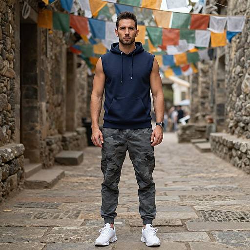 Man in Sleeveless Hoodie and Camouflage Joggers Standing in Street with Prayer Flags