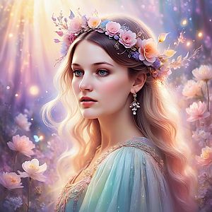 Serene woman in floral crown in dreamy garden