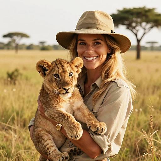 Woman Holding Lion Cub in Safari Landscape with Acacia Trees