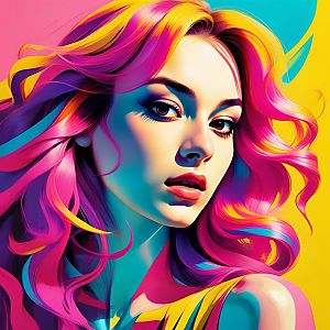 Vibrant Digital Portrait of a Woman with Pink and Yellow Hair