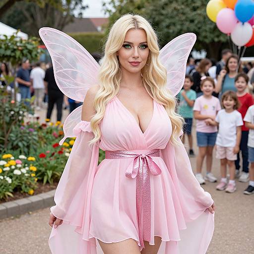 Blonde Woman Fairy Costume in Pink Dress with Wings at Outdoor Festival