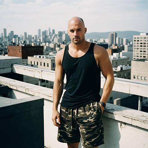 Muscular Bald Man in Black Tank Top on Urban Rooftop with City Skyline