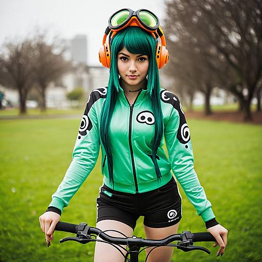 Realistic Splatoon Cosplay Woman with Bicycle in Outdoor Park