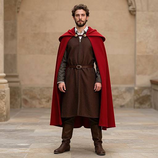 Medieval Man in Red Cloak and Brown Tunic Standing in Stone Courtyard