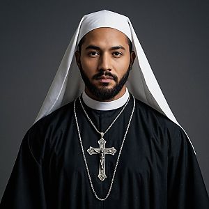 Man in Nun Costume with Cross Necklace