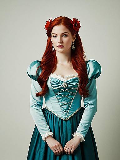 Woman in Ariel Fancy Dress Costume with Long Red Hair and Vintage Style