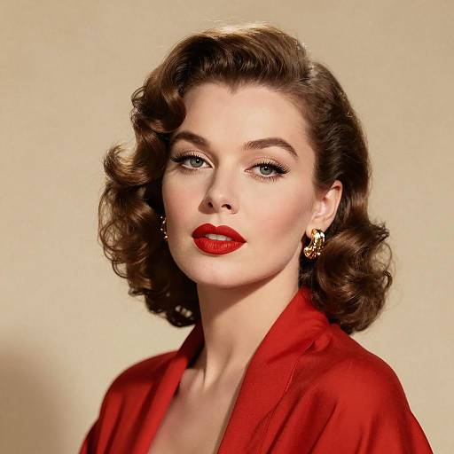 Vintage Glamorous Woman with Red Lipstick and Wavy Hair