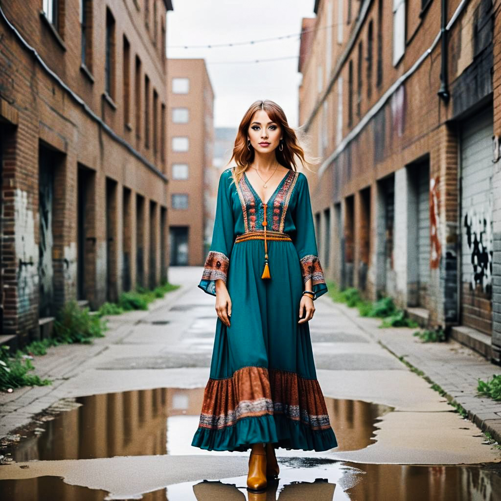 Woman in Teal Bohemian Dress in Urban Alley