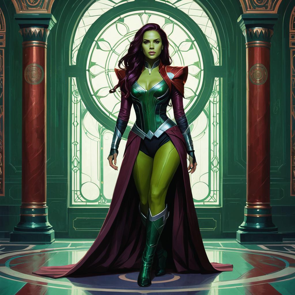 Green Skinned Woman in Futuristic Armor with Cape in Grand Hall
