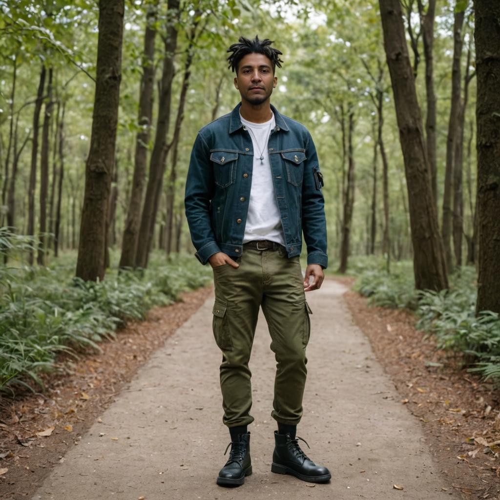 Confident Man in Forest Path with Casual Style