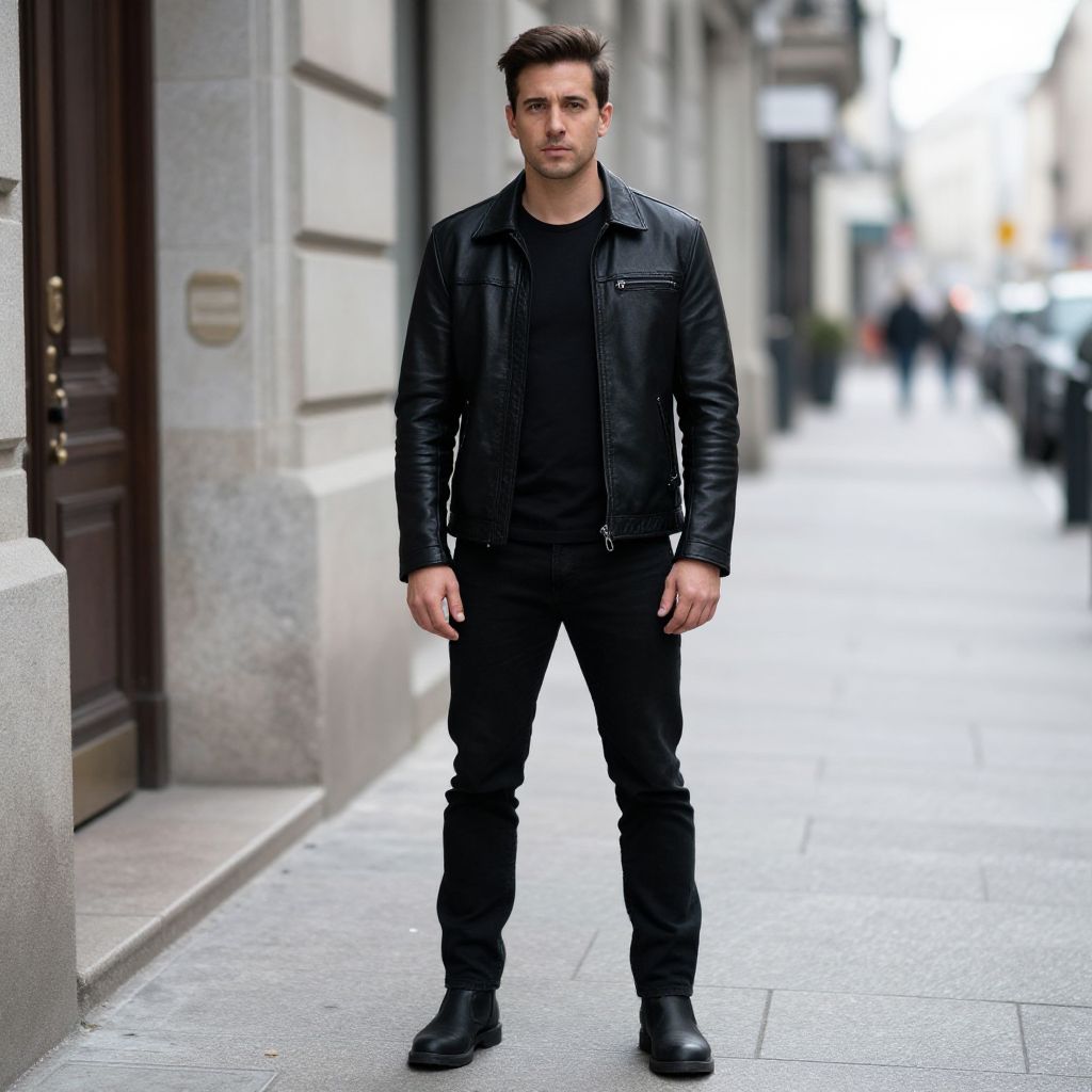 Man in Black Leather Jacket and Boots Standing on Urban Sidewalk