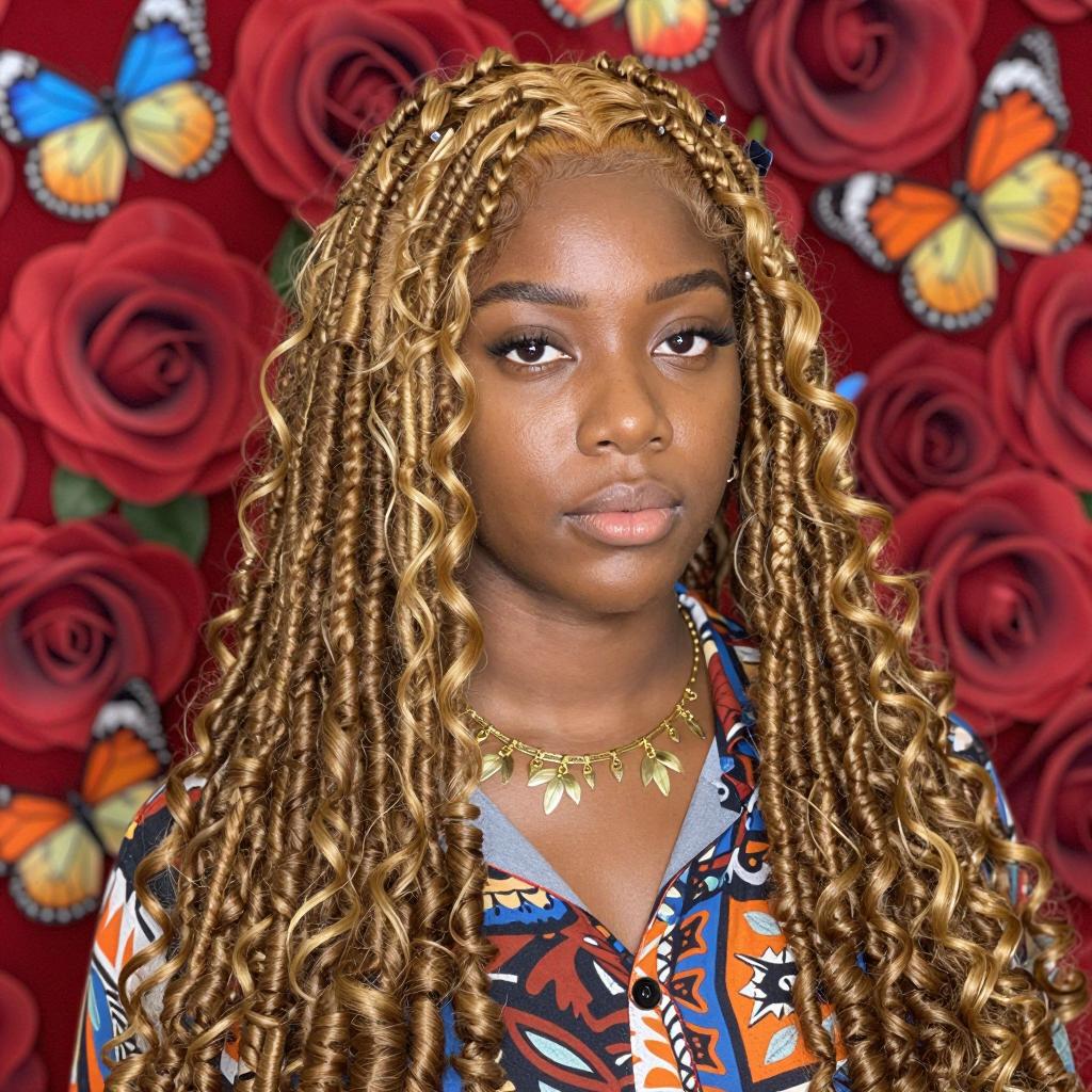 Portrait of Woman with Golden Braids and Floral Butterfly Background