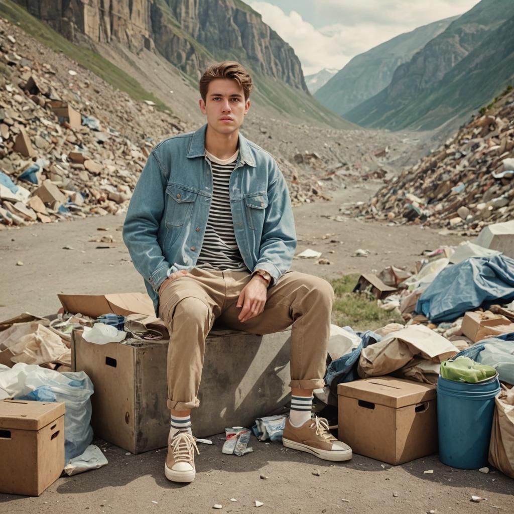 Man on Bench in Garbage Landscape with Mountains