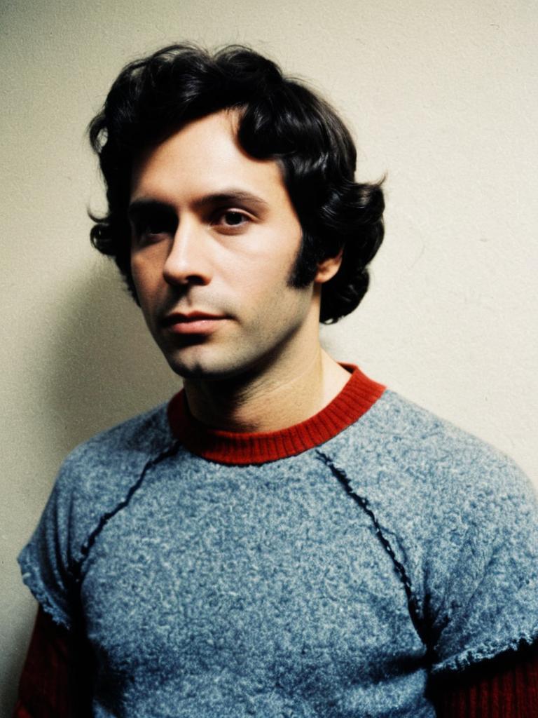 Vintage 1970s Portrait of Man in Blue Sweater Ted Bundy Costume