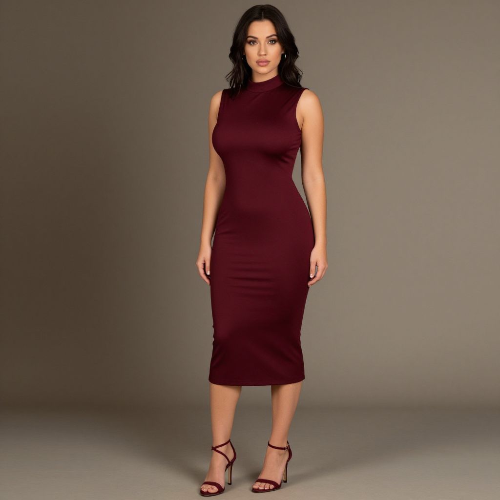 Elegant Woman in Burgundy Sleeveless Midi Dress and Strappy Heels