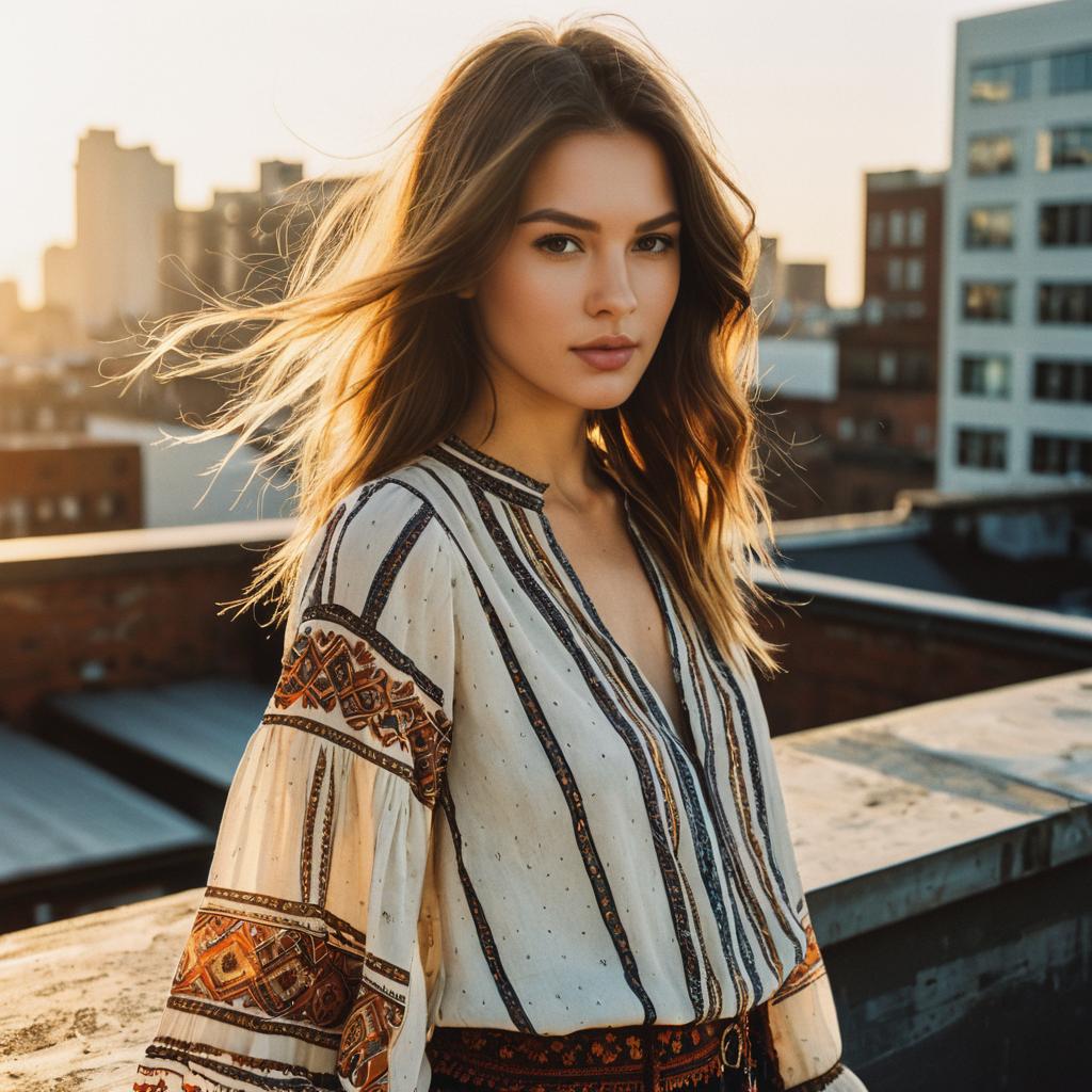 Bohemian Woman on Rooftop at Sunset with Urban Cityscape Background
