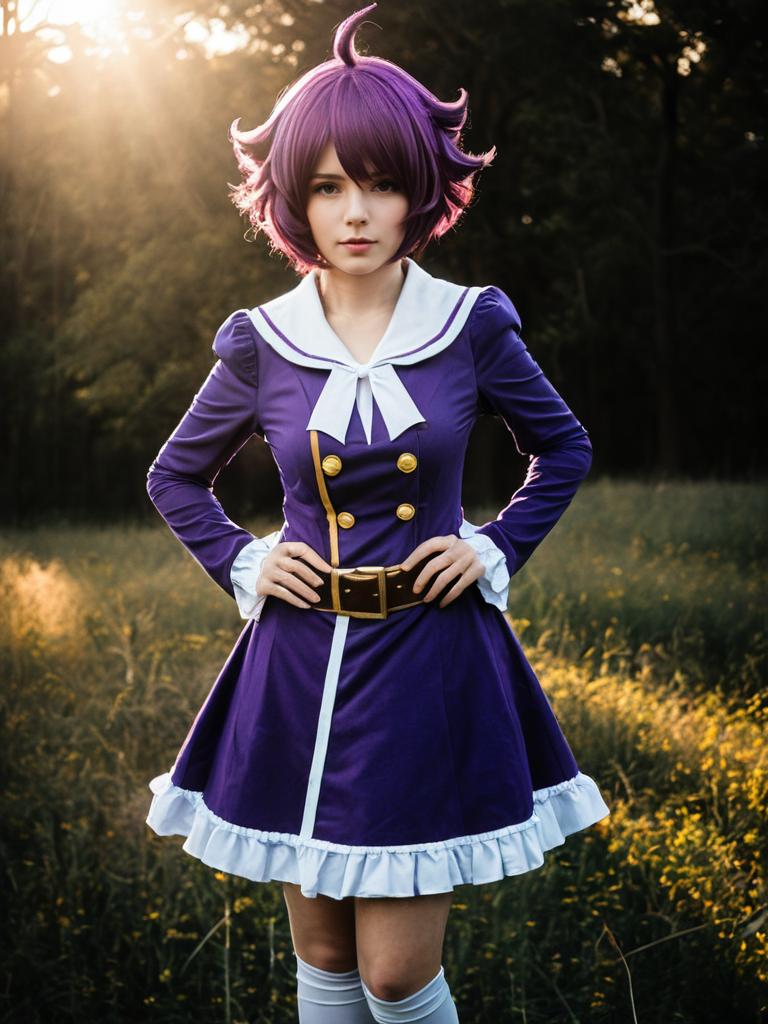 Realistic Meredy Cosplay Woman Character in Purple Costume Outdoors