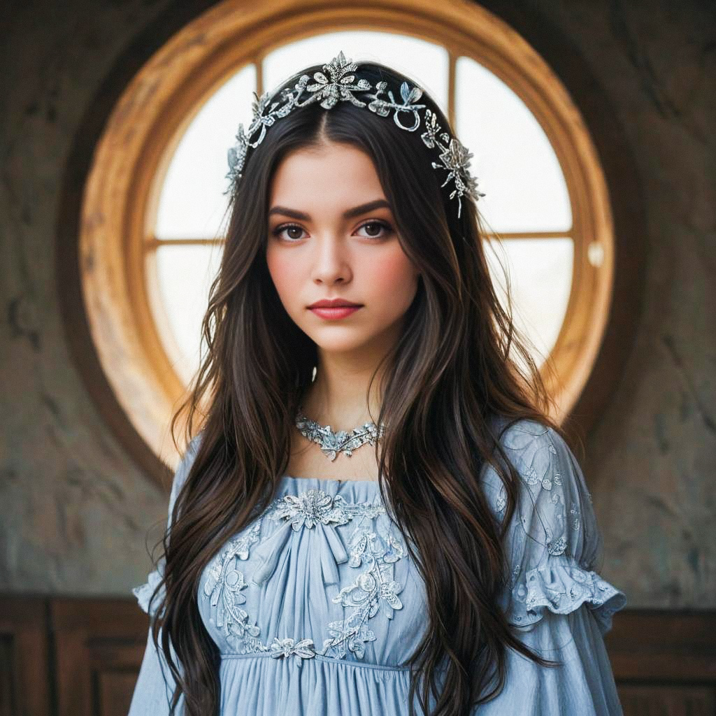 Young Woman in Vintage Light Blue Gown by Round Window Young Woman in Vintage Light Blue Gown by Round Window