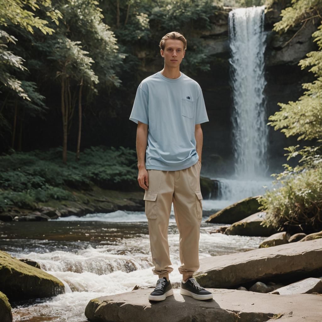 Man on Mossy Rock by Waterfall in Serene Forest