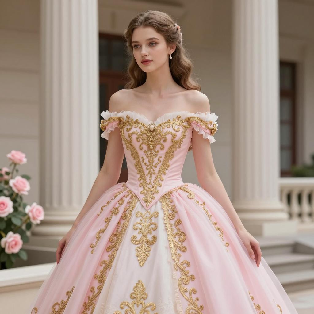Elegant Pink Off-Shoulder Ball Gown with Gold Embroidery
