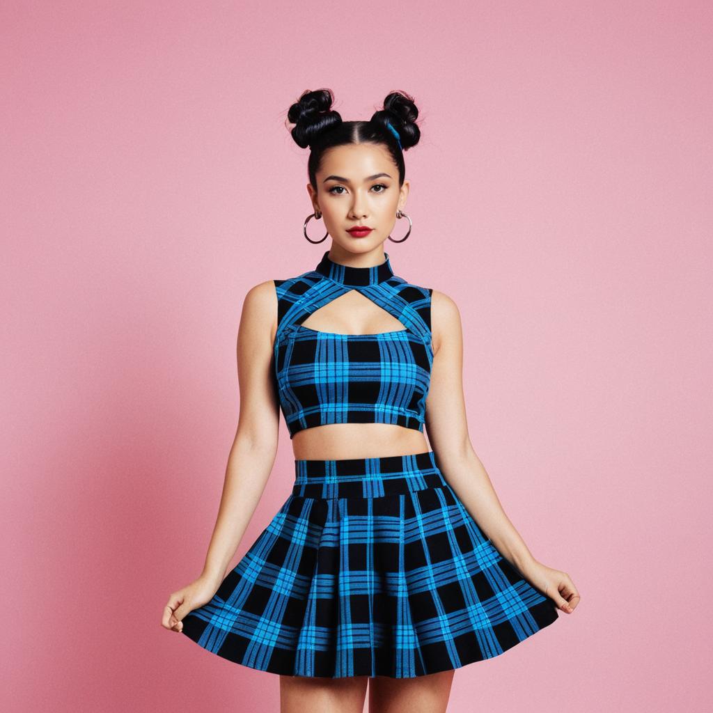 Retro-Inspired Blue and Black Plaid Two-Piece Outfit Woman Fashion