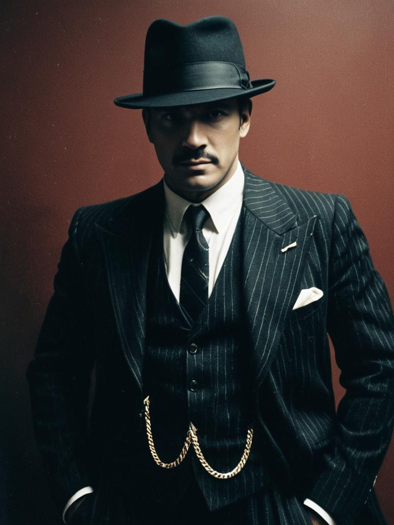 Man in Classic Gangster Costume with Pinstripe Suit and Fedora Hat Waist-Up Portrait