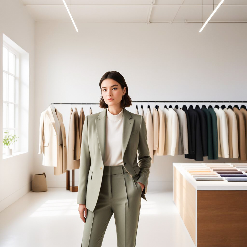 Confident Woman in Soft Green Tailored Suit