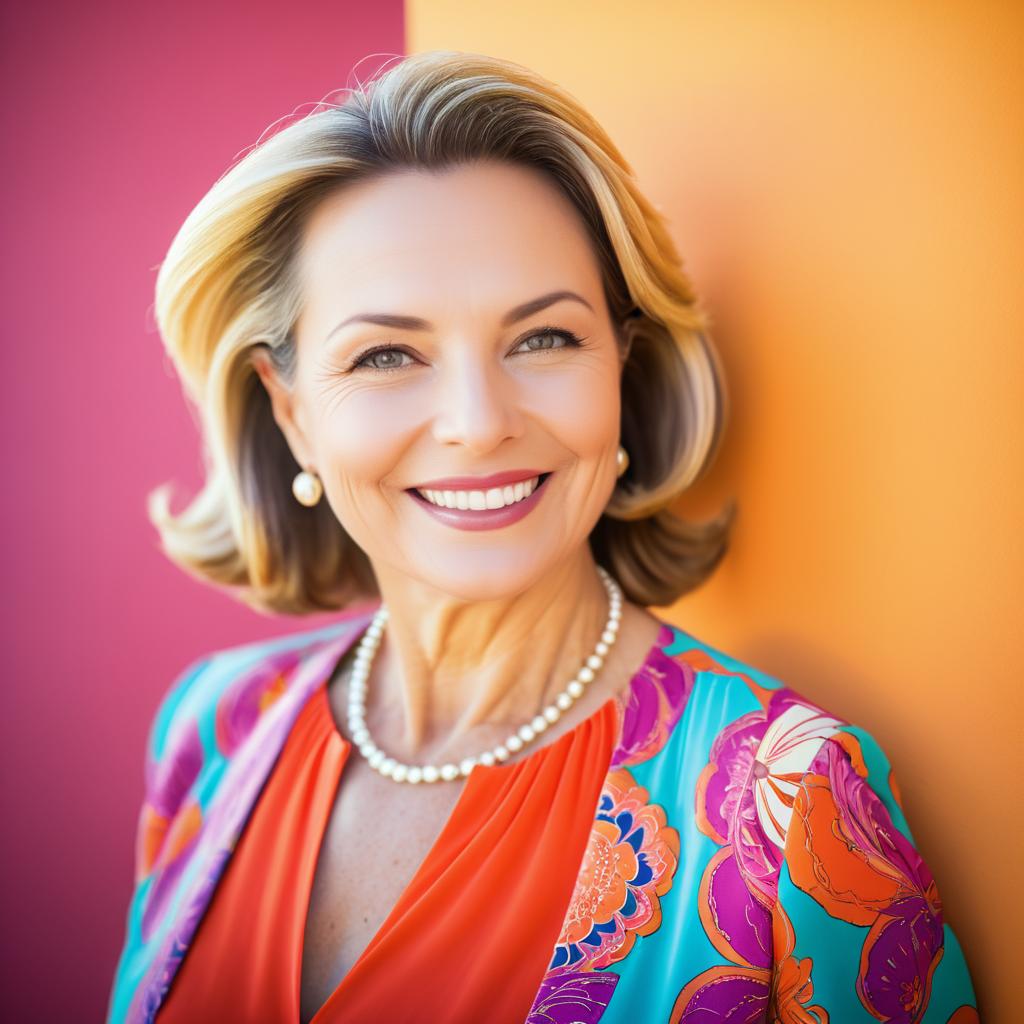 Smiling Woman in Colorful Floral Outfit