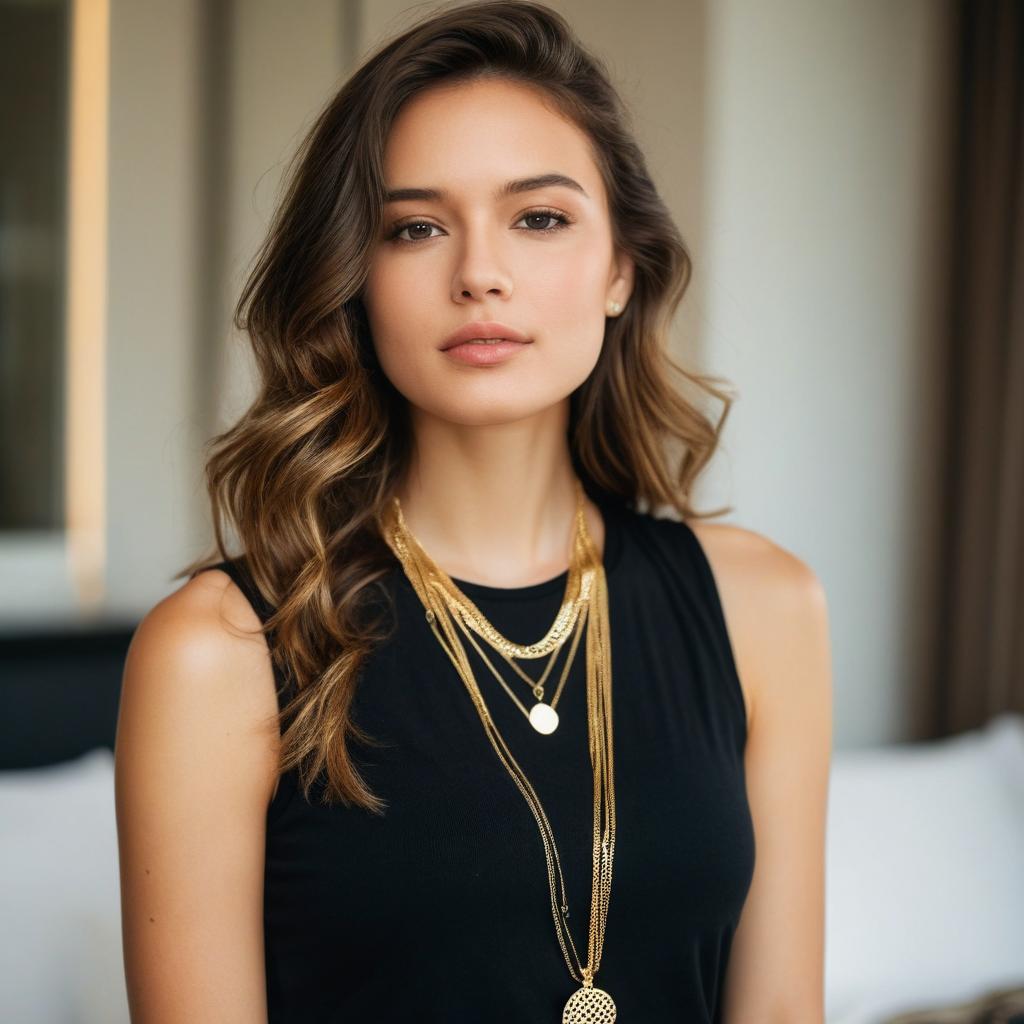 Elegant Woman Wearing Layered Gold Necklaces in Black Top