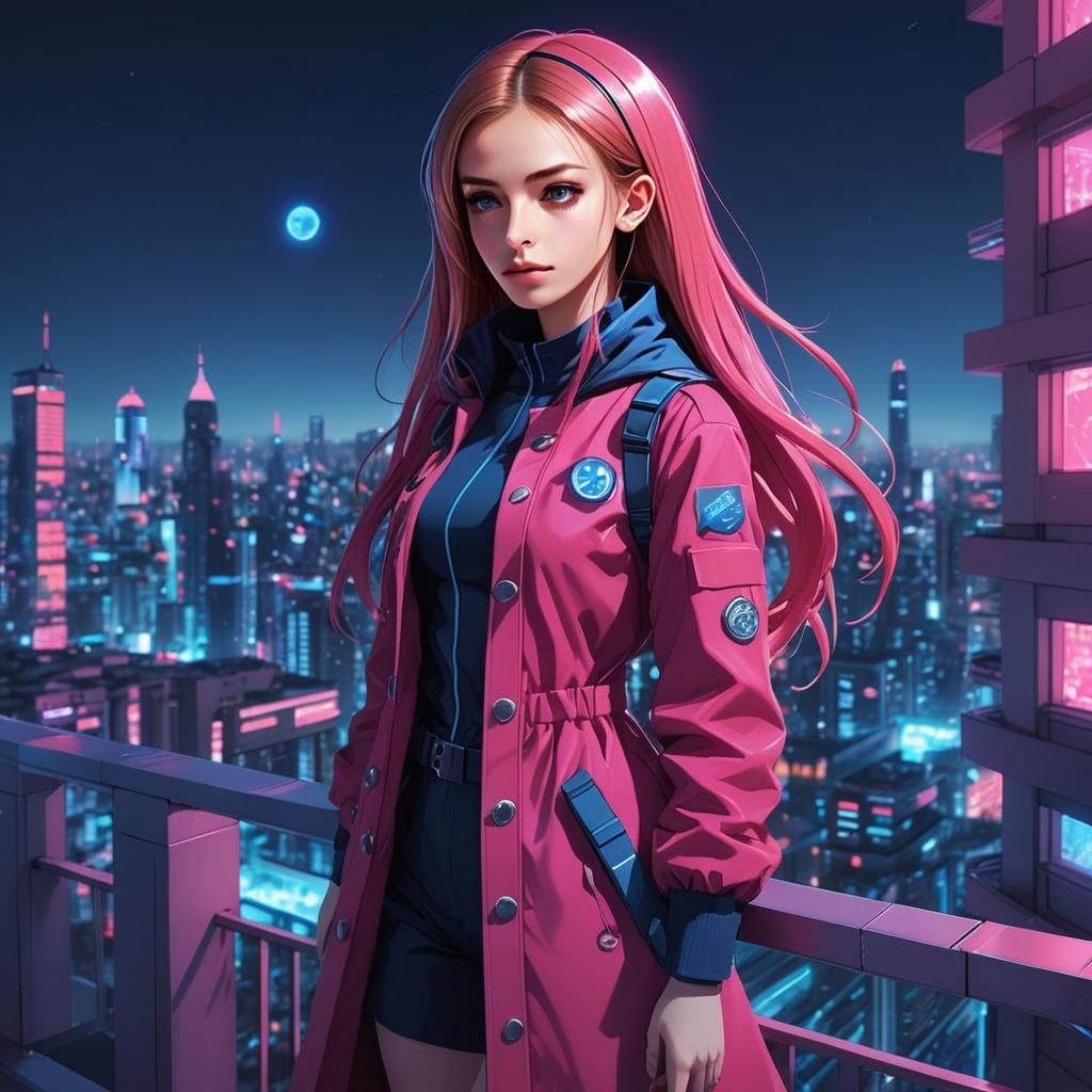 Cyberpunk Woman with Pink Hair in Futuristic Neon Cityscape