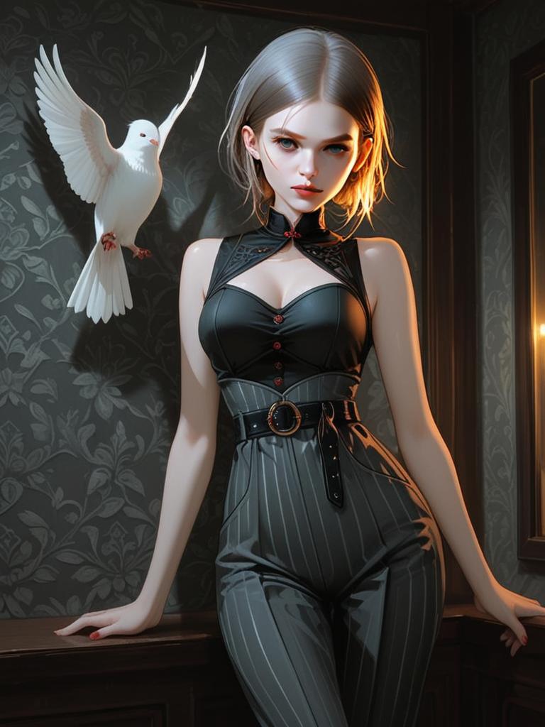 Dark Illustrious Anime Woman with White Dove in Elegant Pinstripe Outfit