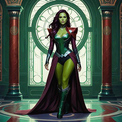 Green Skinned Woman in Futuristic Armor with Cape in Grand Hall