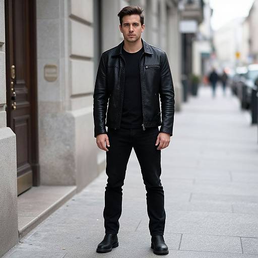 Man in Black Leather Jacket and Boots Standing on Urban Sidewalk
