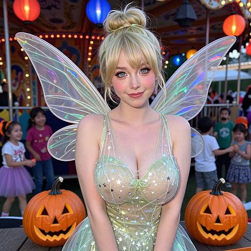 Young Woman in Fairy Costume at Halloween Festival with Carved Pumpkins
