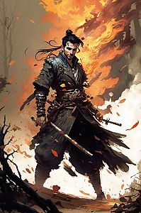 Fierce Warrior in Flames and Autumn Leaves