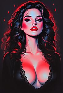Portrait of a Confident Woman with Dark Hair and Red Accents