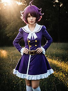 Realistic Meredy Cosplay Woman Character in Purple Costume Outdoors