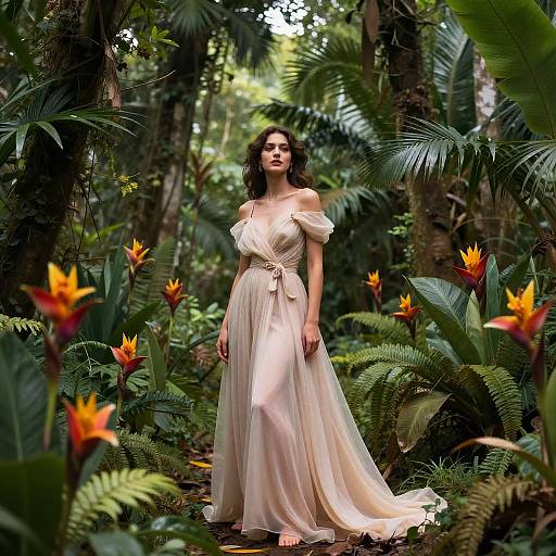 Elegant Woman in Flowing Gown in Tropical Forest