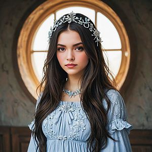 Young Woman in Vintage Light Blue Gown by Round Window